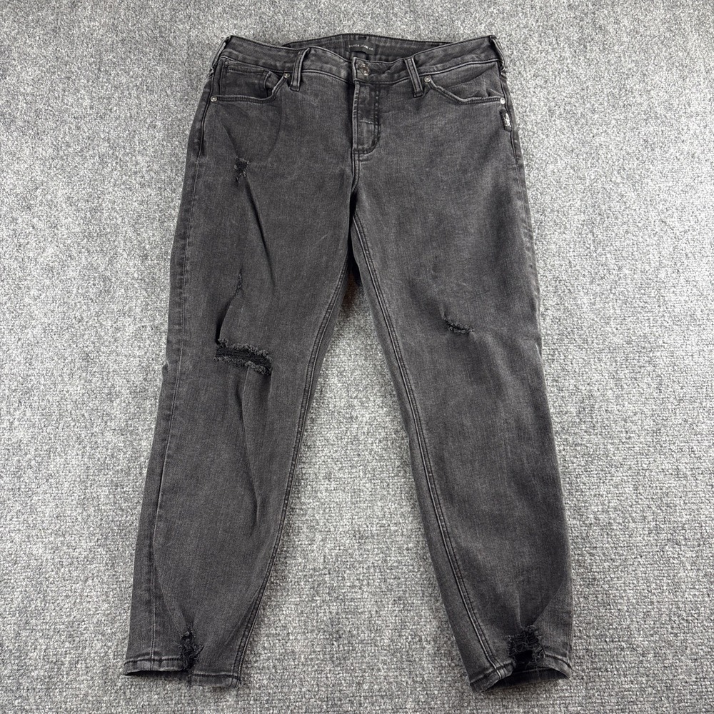 Silver Jeans Co. Avery Skinny Crop Distressed Curvy High Rise W32 L25 Black